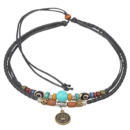 Collier ras du cou en cuir de chanvre réglable unisexe unisexe ancienne Turquoise perle (Noir) Cover
