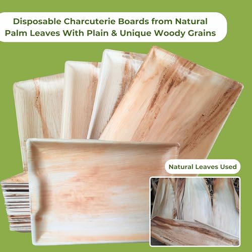 Disposable Palm Leaf Charcuterie Boards 14x10 Inch (10 Pcs) | Bamboo Serving Trays | Cheese Boards for Parties and Weddings