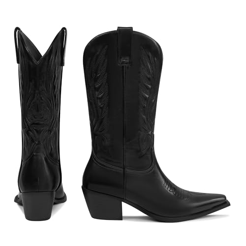 MUCCCUTE Cowboy Boots for Women – Mid Calf Cowgirl Boots Embroidered Chunky Heels Pointed Toe Pull On, Perfect for Partys, Country Music Festivals, Concerts, and More2