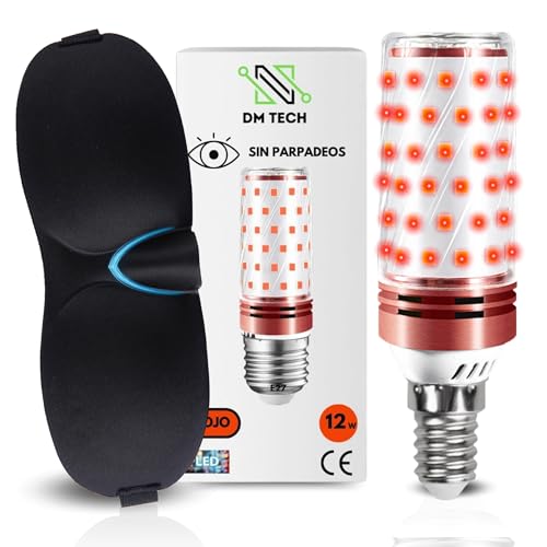 DM TECH | PACK bombilla roja para dormir rosca E14 + antifaz - luz roja para dormir - bombillas rojas - bombilla luz roja nocturna melatonina - bombillas rojas para dormir - bombilla roja sin flicker