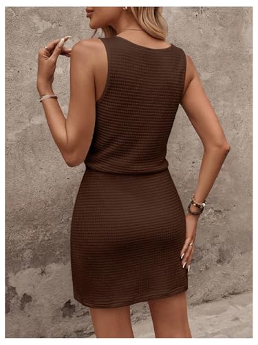 Image of RoseSeek Women's Waffle Knit Belted Tank A Line High Waisted Dresses Square Neck Sleeveless Summer Short Dress