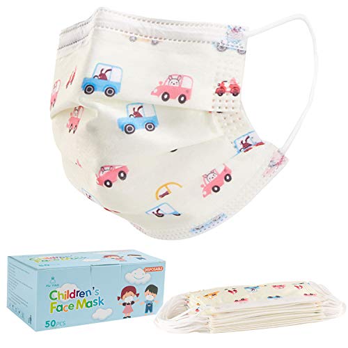XimBro Disposable Kids Face Mask, 50PCS Face Masks for Kids and Childrens Mask, 3 Ply Bulk Breathable Oral Protection Filter, Comfortable Elastic Ear Loop, Cartoon Car Pattern
