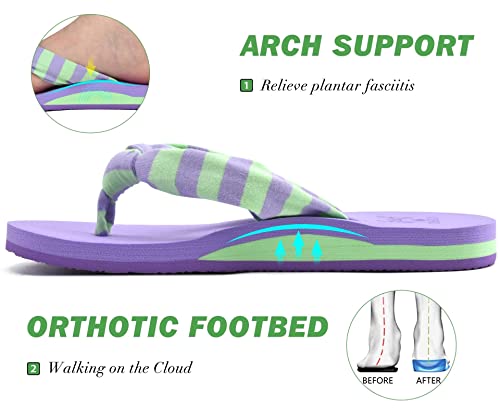 KuaiLu Flip Flops for Women with Arch Support Yoga Mat Comfortable Summer Beach Walking Thong Cushion Sandals Slip On Indoor Outdoor Purple Size 9 - 10