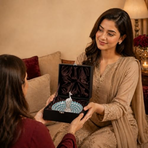 Image of Diviniti German Silver Peacock Decorative Tray for Home Decor | Luxury Dry Fruit & Sweet Serving Platter with Blue Enamel Feather Design | Premium Decorative Gift Hamper Plate with Elegant Gift Box