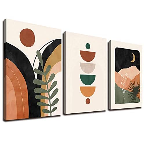 Orange Minimalist Boho Wall Art Geometry Neutral Abstract Art Modern 3 Pieces Stretched and Framed Artwork HD Pictures Canvas Prints Wall Art for Bedroom Office Home Bathroom Wall Decor 12″x16″x3