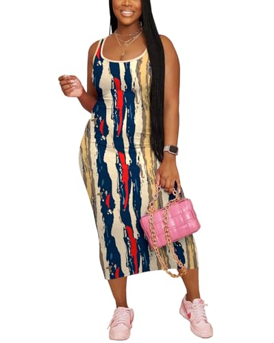 Image of Women Casual Summer Tank Top Dress Ribbed Bodycon Midi Sleeveless Sundress Sundress Basic Slim Fitted Pencil Dresses