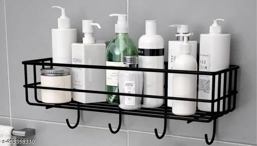 Self-Adhesive Metal Bathroom Rack Storage Shelves with 4 Hook- Black, Pack of 02 (Shelf with 4 Hook)-image-9
