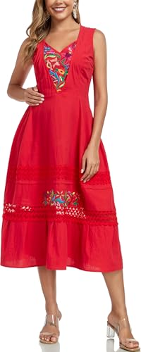 YZXDORWJ Women's Mexican Dress Floral Embroidered Casual Lace Ruffle Maxi Dress4