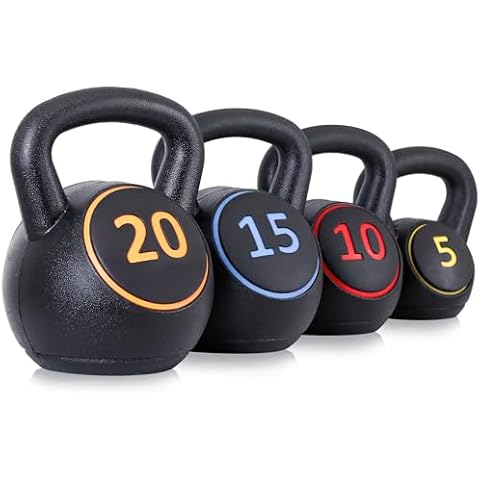Saicool 4-Piece Wide Grip Kettlebell Set, Strength Training kettlebells, 5 lbs 10 lbs 15 lbs and 20 lbs, Exercise Fitness Concrete Weight, Full Body HIIT Workout Cover