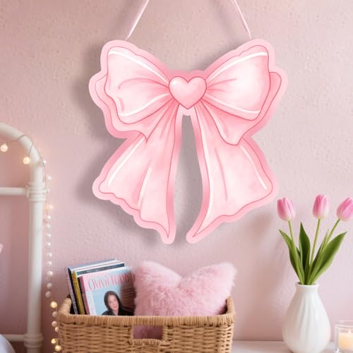 Image of Pink Bow Wooden Hanging Wall Art for College Dorm Room Decor Girls, Coquette Girly Bedroom Nursery Sign with Bows Decoration - Apartment Door Hanger Indoor Outdoor Welcome 12x12 Inch