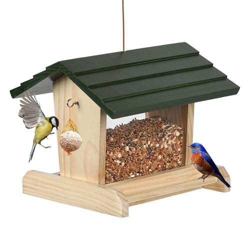 JAZUIHA Vogelhaus Holz für Wildvögel, Vogelfutterhaus zum Aufhängen Futterhäuschen mit Meisenknödelhalter für Garten, Terrasse oder Balkon