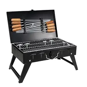 H Hy-tec (Device) Hybb, Traveler Foldable Charcoal Barbeque Grill With 8 Skewers & Charcoal Tray (Stellar Black), Free Standing