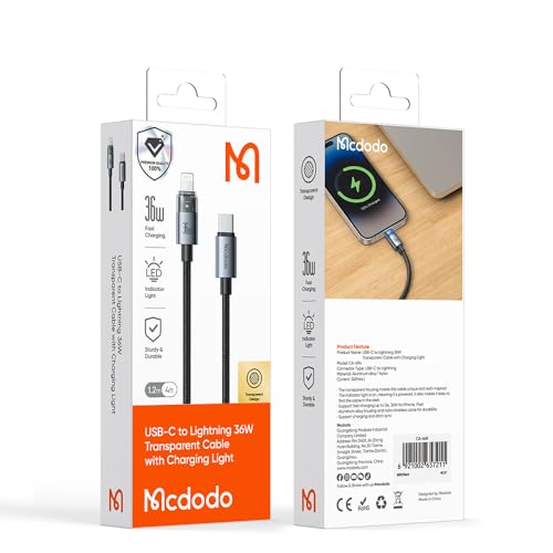 Image of mcdodo 36W USB-C to Lightning Cable with Flashing Light 4ft, Nylon Braided Lightning USB C Fast Charging Cable Fit for 14 13 12 11 /Pro /ProMax /Plus, iPad, AirPods, iTouch(Black)