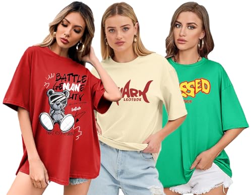 Image of LEOTUDE Oversized Cotton Blend Printed Women's T-Shirts Combo (Pack of 3)