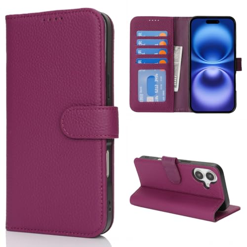Étui portefeuille iPhone 16 rose violet en cuir véritable Cavor