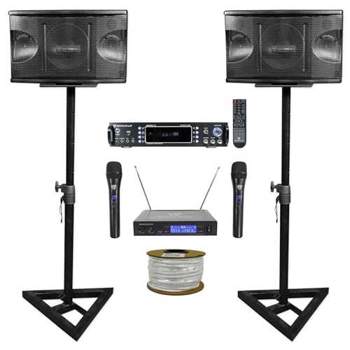 2 Rockville KPS80 Karaoke Speakers+Bluetooth Amp+Adjustable Stands+Wireless Mics + Rockville R14GSBR100 Car Audio Speaker Wire