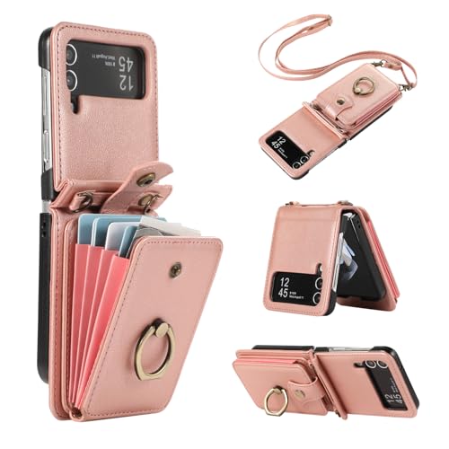 Cover per Samsung Galaxy Z Flip 3 5G con Cordino Laccio Pelle Porta Carte Anello Supporto Protettivo Protezione Silicone Antiscivolo Rinforzata Antiurto ZFlip3 Z3 Flip3 Custodia Case Oro rosa