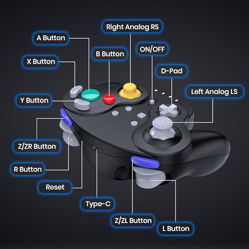 Image of Wireless GameCube Controller for NGC Console, 2.4 GHz Receiver, Black | (Built-in Vibration) (Rechargeable) (Analog Triggers / Stick) (Plug and Play)