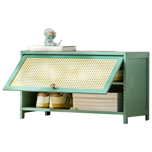 Zapatero moderno de ratán de mediados de siglo con puertas abatibles de bambú natural, color verde, 2 niveles, armario de almacenamiento para entrada, pasillo, dormitorio, ahorro de espacio, zapatero