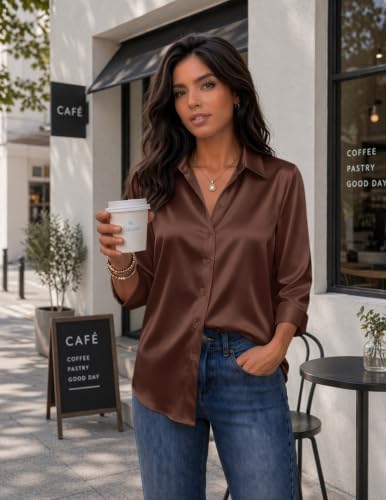Image of Zeagoo Womens Satin Blouses Button Down Shirts 3 /4 Sleeve Dressy Tops S-2XL