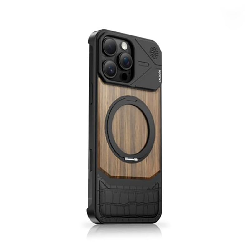 Image of Bezel-Less Slim Natural Wood & Aluminum Case Compatible with iPhone 16 Pro with Magnetic Ring |Heavy Duty Shockproof Phone Wooden Case - Black