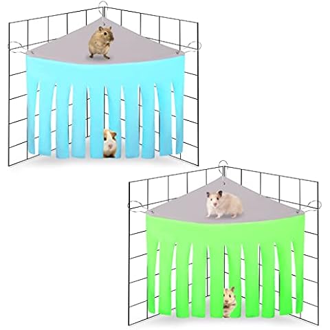 AKlamater 2 Packs Guinea Pig Hideout Corner Hideaway Hammock Corner, Fabric Forest Curtain Hideouts for Small Animals, Hammock Hanging Bed Corner for Hamster Guinea Pig Squirrel Rabbit(Blue+Green) Cover
