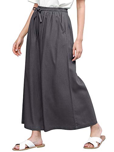 LL Womens Washed Linen Casual Loose Wide Leg Pants Pocket Pant with Draw String S Dark_Grey