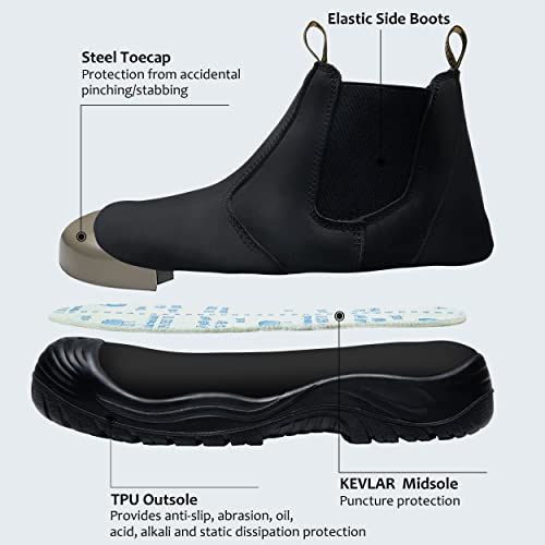Jousen Mens Work Boots Leather Steel Toe Boots For Men Slip On Saftey Working Boots Waterproof Rubber Work Boots For Men(Amy8137 Black 12) #TOP4