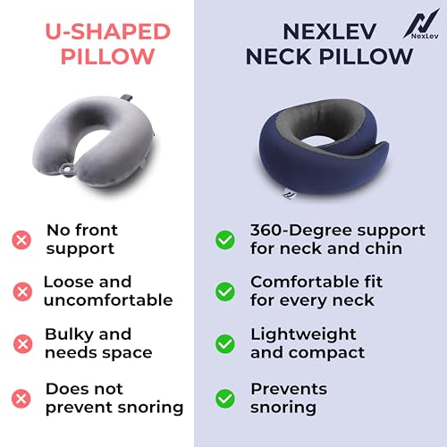 Image of nexlev Travel Neck Pillow | Orthopedic Premium Memory Foam | for Airplane, Car, Train, Office use & Cervical Pain | Machine Washable | 360 Support | Carry Pouch for Storage | NP-06