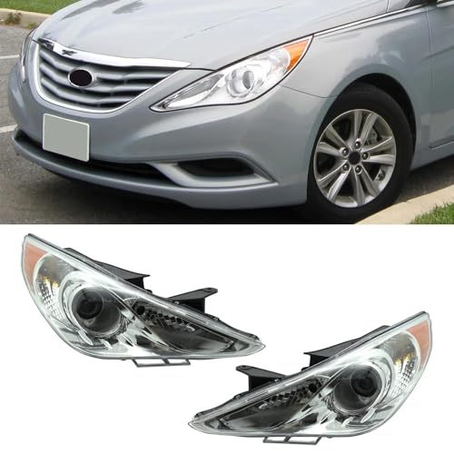 PENSUN Headlights Assembly Fit for 2011 2012 2013 2014 Hyundai Sonata Chrome Housing Amber Reflector Headlamp Assembly Pair Replacement Left Driver and Right Passenger Side