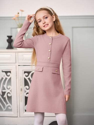 Haloumoning Girls Long Sleeve Sweater Dress Kids Casual Front Button A-Line Knit Fall Dresses 5-14 Years3