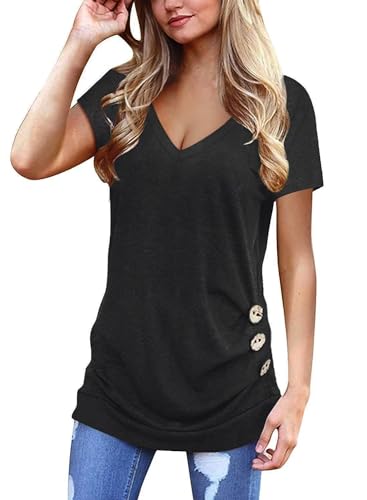 Jescakoo Damen T Shirt Oversize Sommer V-Ausschnitt Sexy Oberteile Tops lässige Basic Kurzarm lang Tunika Casual Bluse mit Knopf Schwarz L