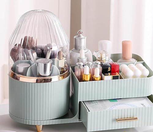 Image of SIBY ABS Plastic Cosmetic Storage Box for Women's | 360 Rotating Makeup Brush Holder for Dressing Table | Vanity Makeup Organizer Box with Transparent Cap and Drawer (Light Green)