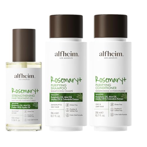 ALFHEIM Rosemary Shampoo, Conditioner and Oil 3-Piece Set Deep Cleansing Scalp Care Strengthens Roots & Prevents Flatness Sulfate & Paraben-Free for Oily Scalp