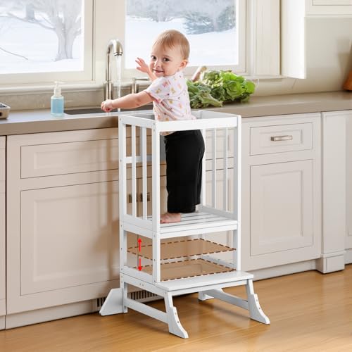 COSYLAND Height Adjustable Kitchen Stool for Toddlers – Portable Toddler Standing Tower for Learning and Cooking – Stable Kids Helper Tower with Stability Block for Kitchen Counter (White)