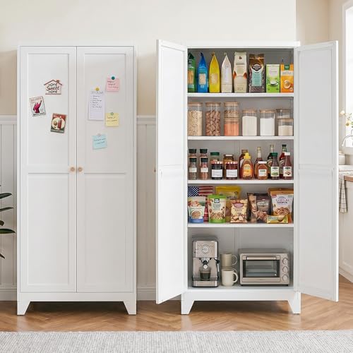 Image of Bayunity 71" Metal Kitchen Pantry Cabinet with Dual Handles & Adjustable Legs, Freestanding Storage Cabinet with Doors and 4 Adjustable Shelves, Tall Food Pantry for Kitchen Dining Room, White