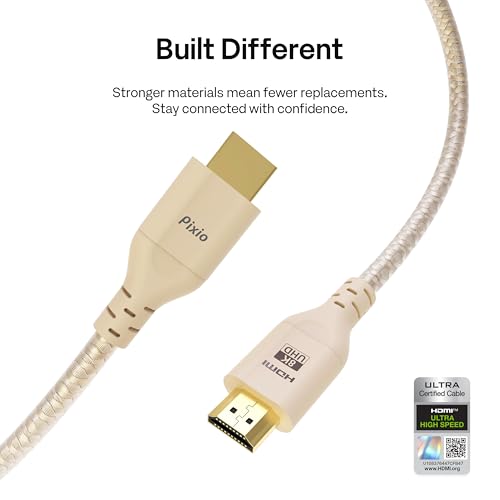 Image of Pixio Beige 8K HDMI 2.1 Cable Ultra Certified Ultra High Speed 6FT 8K 60Hz 4K 120Hz Nylon Braided, Gold Plated Connector, Anti-Breakage, HDR10+, dtsx, eARC, HDCP, Dolby Compatible