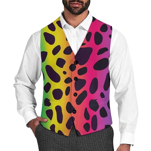 Rainbow Leopard Print Mens Slim Fit Suit Vest Dress Waistcoat Casual Business Vest