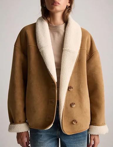 Yeokou Women Suede Jacket Sherpa Lined Casual Button Down Coat Baggy Lapel Warm Winter Outwear with Pockets2