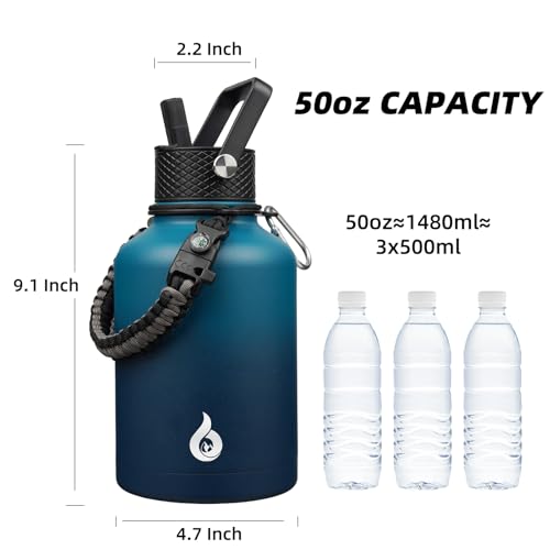 Image of BJPKPK Insulated Water Bottles with Straw Lid, 50oz Large Water Bottle with 3 Lids and Paracord Strap, Stainless Steel Metal Water Bottle, Insulated Water Jug,Vast