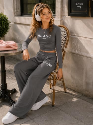 Image of OLMRJKD Girls 2 Piece Outfits Long Sleeve Letter Printed Sweatshirt & Wide Leg Pants Fall Clothing Set Size 7-16 Years