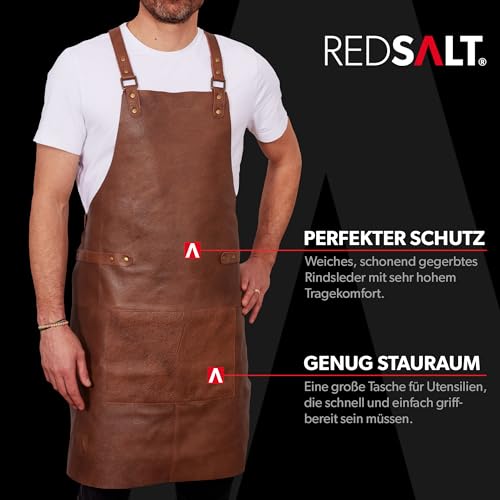 REDSALT® Premium Lederschürze 100% Rindsleder 84x62cm Crossback braun | Profi BBQ Grillschürze | Arbeitsschürze Küche Gastronomie Bar Barista | Kochschürze Küchenschürze Schürze Geschenke für Männer