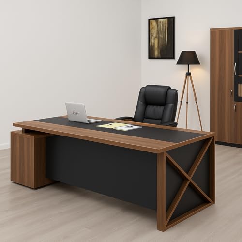 Image of Director and Executive L-Shape Director Desk with Storage and Drawer Wire Manager | Walnut Finish Table | Computer Desks for Office| 5-Year Warranty & Free Assembly - LDL-569
