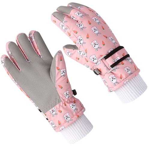 Kids Winter Ski Gloves, 1 Pairs Waterproof Kids Snow Ski Gloves Warm Full Finger Gloves Mittens for Cold Weather Boys Girls (Pink, M (6-9Years))