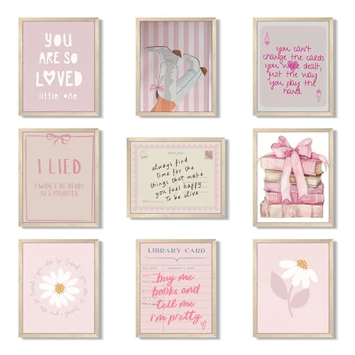 XYHYRA Pink Wall Art Painting Set of 9, Pink Preppy Girly Quote Canvas Prints Painting, Romantic Bow Books Daisy Poster Aesthetic Room Decor for Teen Girls Bedroom Dorm 8x10 Inch Unframed