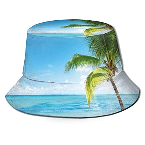 Chapeaux de Seau Caraïbes Maldives Plage île mer océan Palmiers Illustration Impression Plat Haut de Plage Chapeau de Soleil pour Protection UV