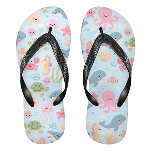 ALAZA Cute Cartoon Marine Life Flip Flops for Women Fashion Beach Slippers Comfort Mens Flip Flops Non-Slip Rubber Shower Slippers Sandal for Hotel Travel Sport,XS