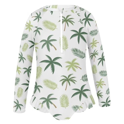 Coconut Tree Palm Leaves Pattern Girls One Piece Rash Guard Swimsuit, Girls Long Sleeve Swimwear for 3-12Y2