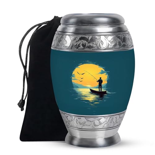 KARYLIZ Fishing Urns for Ashes Adult Male - Blue Memorial Urn for Adult Ashes Men - Sunset Cremation Urn for Human - Large Fisherman Decorative Urns for Male & Female - Velvet Bag (Size 10 Inch)
