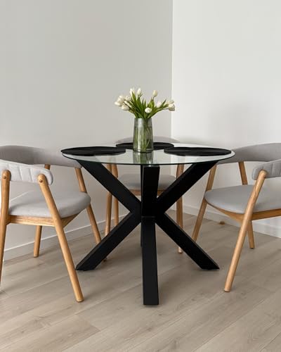 Beliani Modern Round Dining Table with Glass Top ø 100 cm Black Metal Base Otium - Image 6
